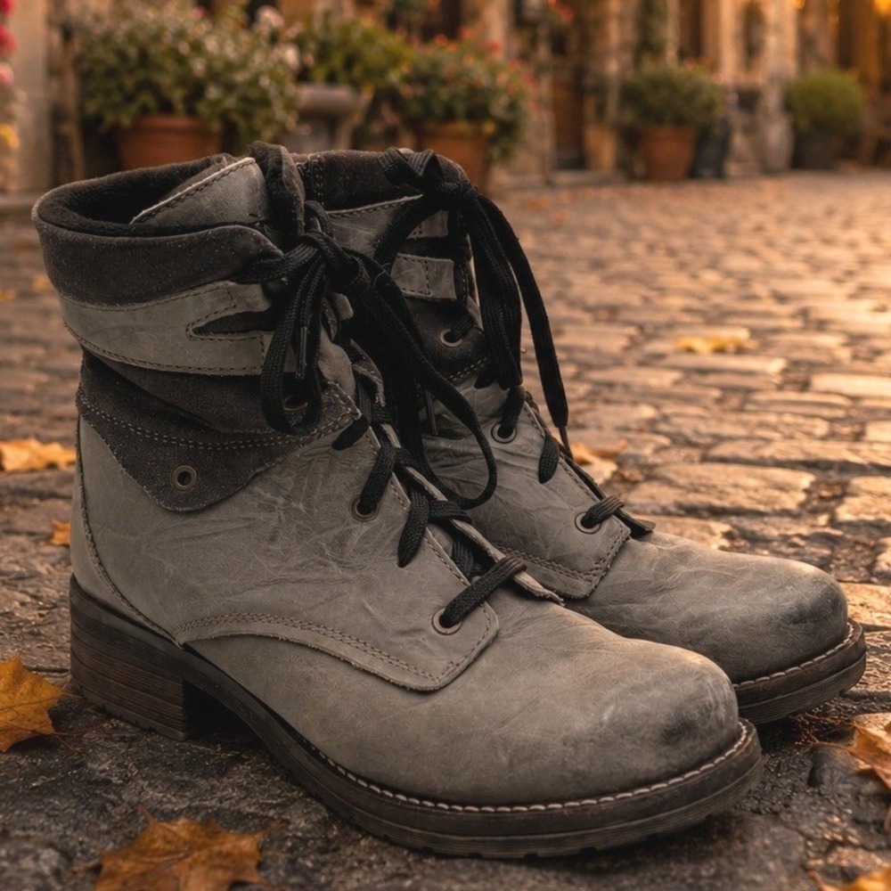 Dromedaris Kara Grey Leather Suede Trim Combat Ankle Boots Womens 41 Portugal
